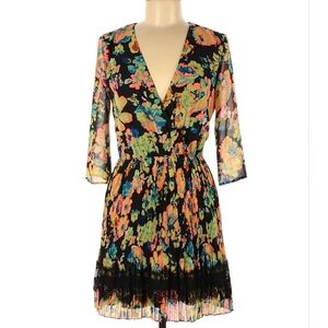 ASOS Bold Floral Mini Dress Size 4 Multi Color Pleated Lace Hem V-Neck Dopamine